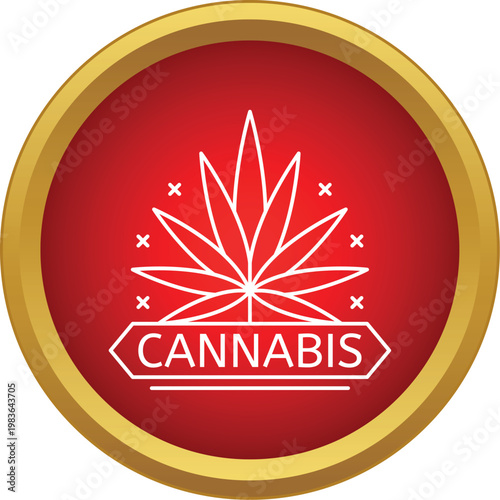 Cannabis leaf graphic representing marijuana or hemp on a circular red and gold icon