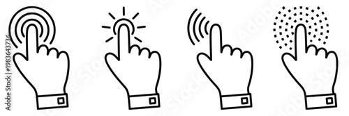 Hand gesture icons set, tap touch haptic feedback symbols, tactile interaction graphics, user interface gestures, digital device control elements, technology communication icons