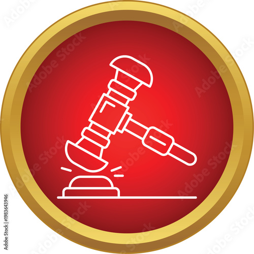 Gavel hitting a sounding block inside a round red and gold icon
