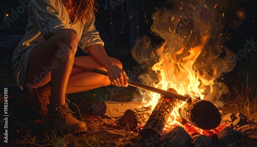 A woman roasting food over a campfire at night