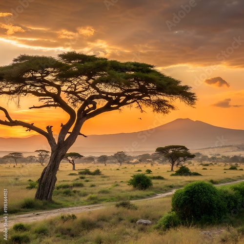 Majestic Sunset over the African Savanna with Acacia Tree and Mountain View