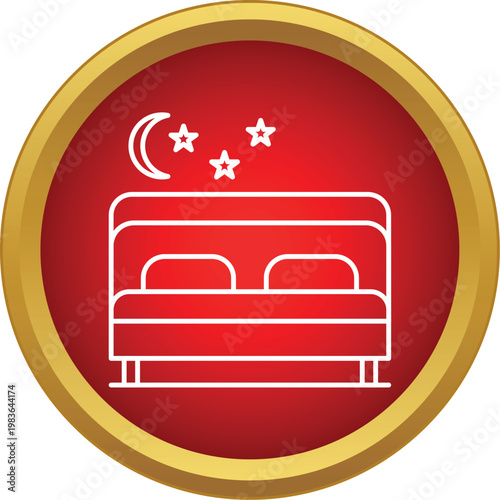 Bed with pillows, moon, and stars on a red background with a gold border