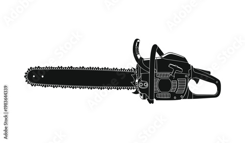 A detailed illustration showcases a black silhouette of a gasoline powered chainsaw complete with its chain and safety features silhouette high quality professional modern