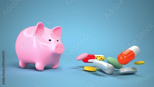 Rising Healthcare Costs Concept with Piggy Bank and Flying Pills. 4k video, ProRes 4444.