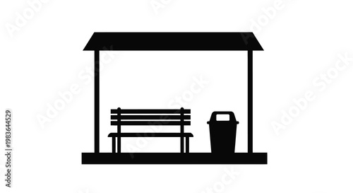 Simple park shelter with a bench and trash can silhouette