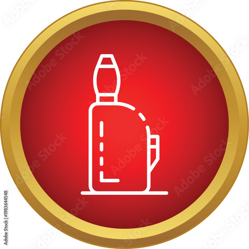 White outline of a vaporizing device on a red metallic button with gold border