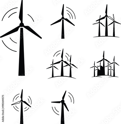 A set of black and white wind turbine icons