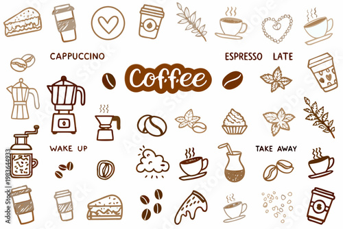Hand drawn coffee illustrations with various drinks beans and related items