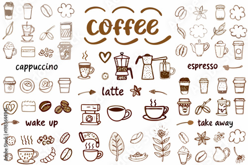 Hand drawn coffee elements including beans cups and brewing equipment