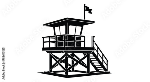 A stark black silhouette depicts a classic lifeguard station on a beach constructed with wooden supports and a raised platform silhouette high quality professional