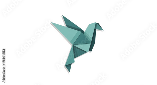 Folded paper origami bird sculpture in teal.