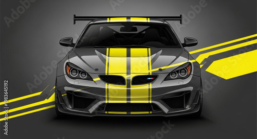 Front View Sports Car With Yellow Racing Stripes.
