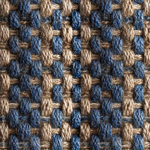 Close-up view of woven fabric with alternating tan and blue yarns forming a grid-like checkerboard structure. The interlacing fibers create a textured surface, showcasing detailed craftsmanship and du