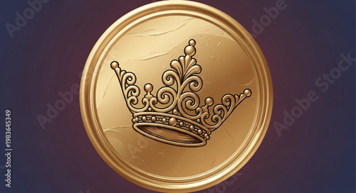 Gold Crown Engraved Coin Medallion Showing Regal Emblem.