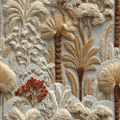   
Intricately textured artwork depicting a stylized forest with palm trees, bushy foliage, and floral accents. 