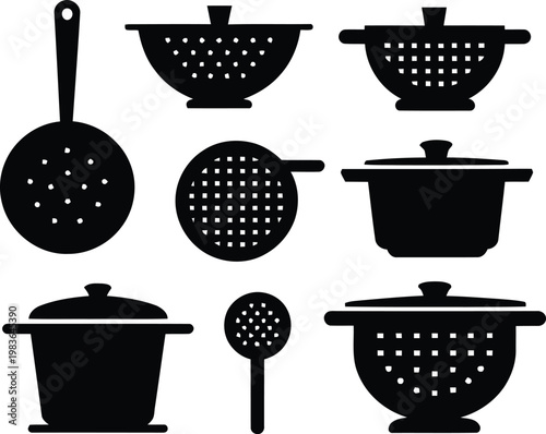 Collection of kitchen strainers and pots icons.