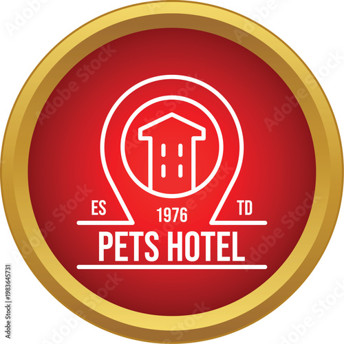 Red circular logo with a white house icon and text for a pets hotel