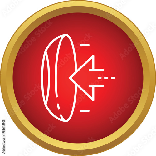 Contact lens outline with an arrow on a red button, symbolizing application or removal