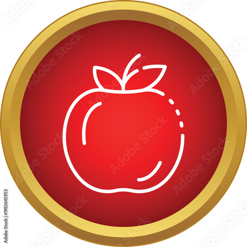 Red circular button featuring a white simple line art apple with leaves, enclosed by a gold border
