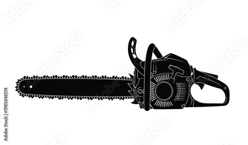 A detailed black silhouette depicts a powerful gasoline powered chainsaw showcasing its intricate mechanical design and cutting edge silhouette high quality professional modern elegant