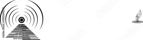 Black and white of concentric sound waves, piano keys, and musical notes