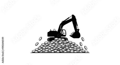 Excavator digging into a pile of stones.