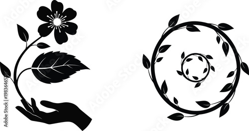 Black silhouette of a hand holding a flower and a circular leafy vine wreath