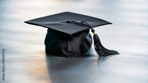 Graduation Cap Placed on a Table With Natural Light Reflecting on the Surface