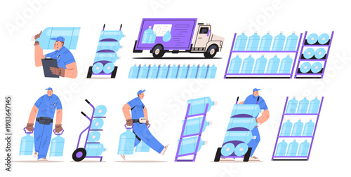 Water delivery service set couriers carrying bottles, delivery truck and storage shelves