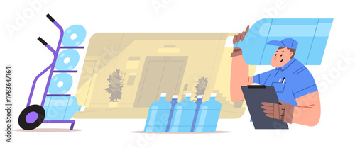 Water delivery to office strong courier carrying bottle on shoulder and hand truck