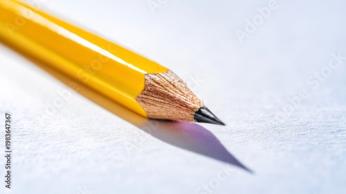 Yellow Pencil Sits on White Paper Casting a Shadow in Bright Light