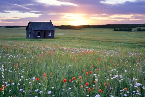 Sunset View of a House in a Field Surrounded by Flowers and Grass in a Rural Area