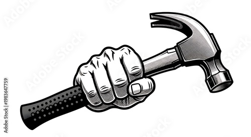 A clenched fist firmly grips a metal claw hammer against a white background