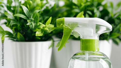 Spray Bottle Near Green Plants on a Light Background in a Home Setting During...