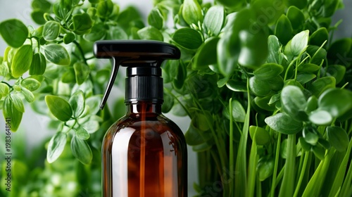 Brown Bottle With Spray Top Near Green Leaves in a Bright Indoor Space