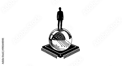 A man standing on a globe on a microchip.