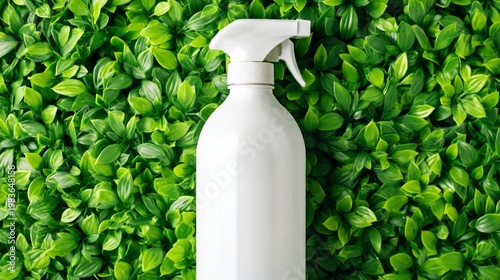 White Spray Bottle on Green Leaves Background for Cleaning Products and Susta...