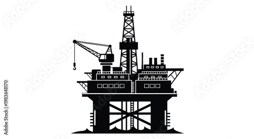 A stark black silhouette depicts an offshore oil rig structure with a crane platforms and supporting legs silhouette high quality professional detailed modern elegant
