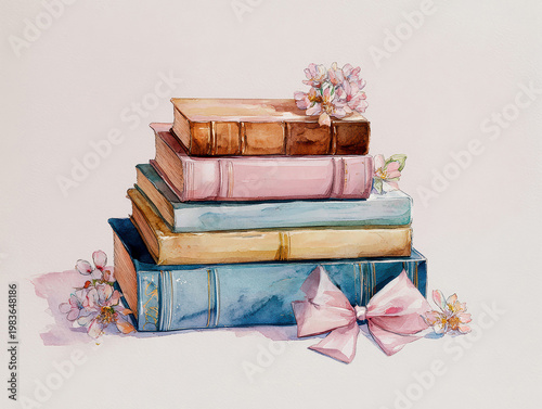 Stacked books, pastel colors, girly aesthetic, vertical arrangement, watercolor style, cherry blossom petals, coquette bow, Chapter One title, flowers, tranquil scene, whimsical and art - AI-Generated