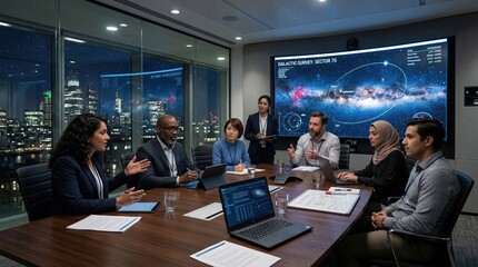 Diverse team of astronomers in a high-tech boardroom meeting. Star maps on screens, glass walls, professional atmosphere,
