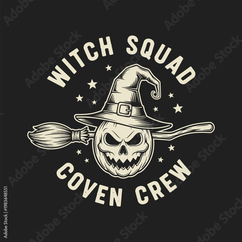 Witch Squad Coven Crew skull with witch hat and broom Halloween design