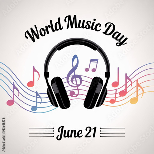 A vibrant illustration celebrating World Music Day with headphones and musical notes.