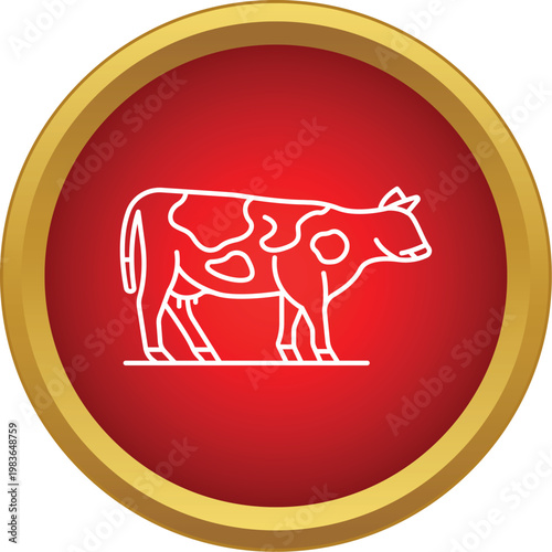 White outline of a spotted holstein cow with an udder icon inside a red circle with gold border