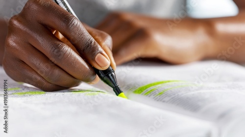 Student Highlights Text in Textbook During Study Session in a Bright and Open...