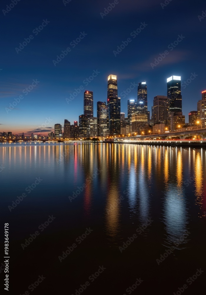 Obraz premium Illuminated modern skyscrapers rise above dark water reflecting city lights during twilight