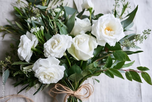 White Flower Bouquet on Wooden Table With Green Leaves and Natural Twine