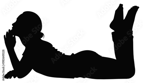 Relaxed Young Woman Lying on Stomach Silhouette Thoughtful Pose Vector Illustration