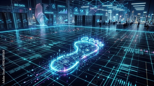 Digital footprint glowing on a grid floor for modern technology and innovation concepts.
