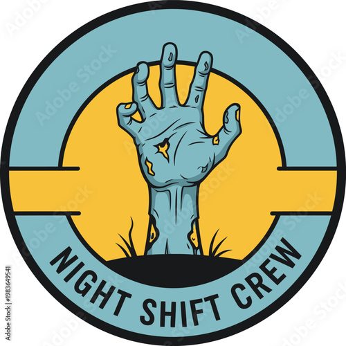 Night Shift Crew zombie hand rising from grave circle badge Halloween t‑shirt