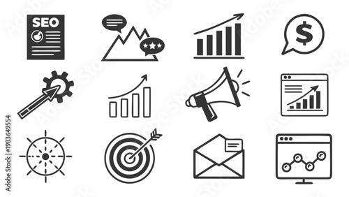 SEO optimization, marketing icons, business symbols, vector graphics